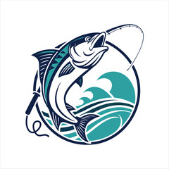 Dynamic Fishing Logo with Leaping Fish and Ocean Waves.