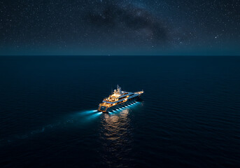 Nighttime Seascape: Island Lighthouse Under a Starry Sky