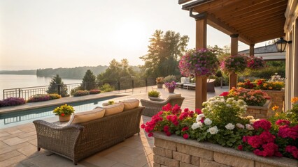 Patio view of lake and lush flowers, sunrise lighting, outdoor, luxury