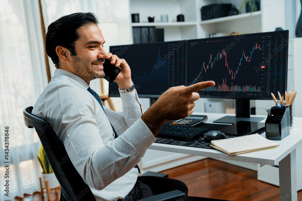Aufkleber trader businessman calling to consultant or partner with two stock exchange investment, compare data