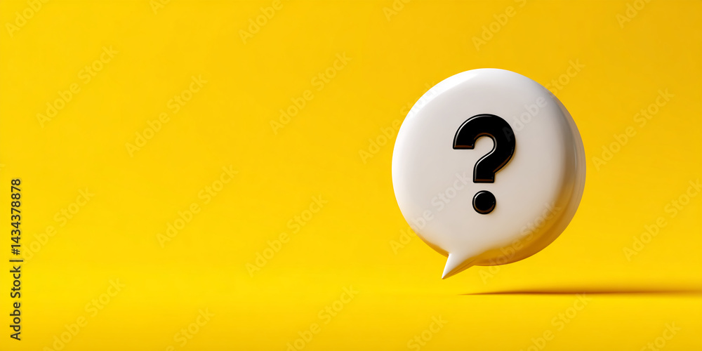 Poster white speech bubble with black question mark on yellow background, symbolizes inquiry, question, unc