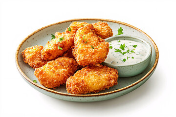 Fresh Plate Golden-Brown, Crispy Fried Fish Nuggets Is Presented Alongside Small Bowl Creamy Dill Sauce, Garnished Parsley. Appear Have Crunchy Breading Are Attractively Arranged.
