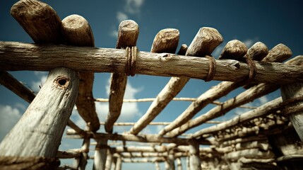 Weathered wooden roof with blue sky, low-angle perspective
