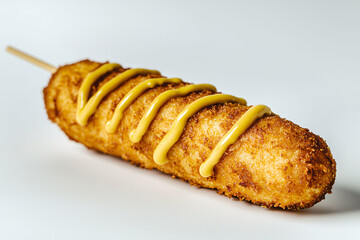 Single, Golden-Brown Corn Dog Is Presented White Background. Drizzled Yellow Mustard, Showcasing Its Crispy Texture Appetizing Appearance.