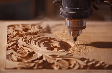 A CNC router carves intricate patterns into a piece of wood, creating sawdust