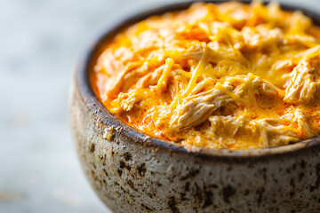 Close-Up Creamy Buffalo Chicken Dip, Generously Topped Shredded Cheddar Cheese, Served Rustic Stoneware Bowl. Dip'S Vibrant Orange Color Texture Cheese Are Prominently Featured.