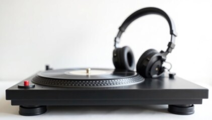 Turntable and headphones against a pure white backdrop, studio, spinning