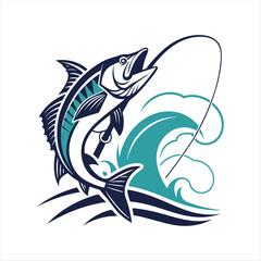 Dynamic Fishing Logo with Leaping Fish and Ocean Waves.