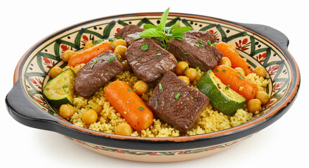 Fototapeta premium Homemade Moroccan couscous with lamb and vegetables, white background.