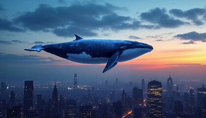 Whale Above Cityscape: A surreal image presents a magnificent whale soaring above a bustling cityscape, bathed in the ethereal glow of a sunrise.
