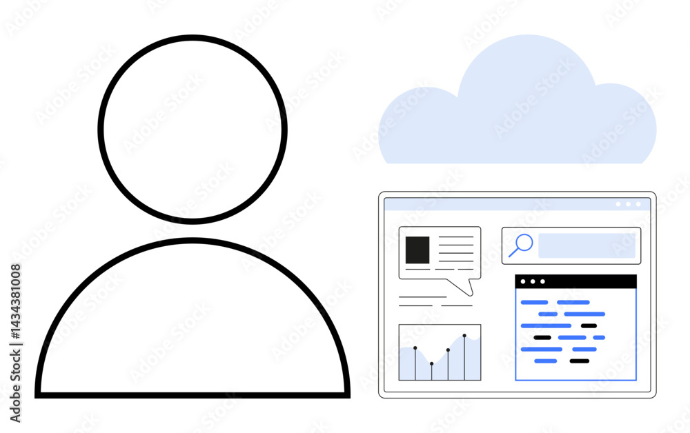 Aufkleber person icon near cloud and digital window with charts, search bar, and messages. ideal for cloud com