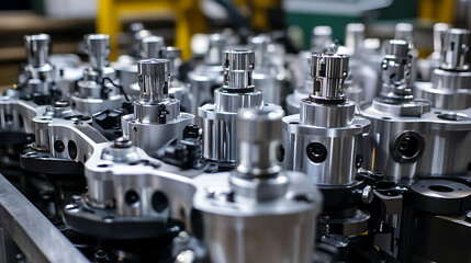 Fototapeta premium Mechanical arm assembling complex hydraulic systems in a hydraulic machinery factory, clean layout with organized components and parts bins visible, Hydraulic system assembly style
