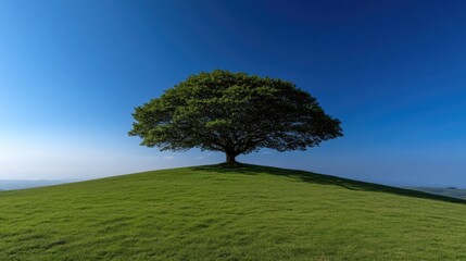 Obraz premium Solitary tree on grassy hilltop under a clear sky