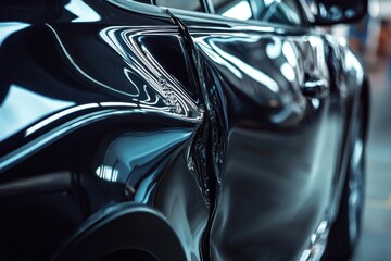 Detailed view of a damaged black car door from an accident Body repair needed