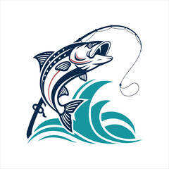 Dynamic Fishing Logo with Leaping Fish and Ocean Waves.