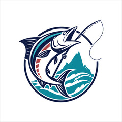 Dynamic Fishing Logo with Leaping Fish and Ocean Waves.