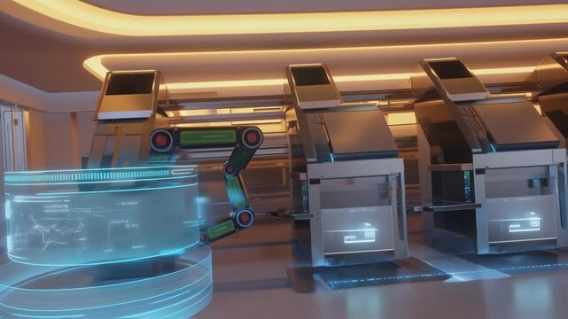 Several advanced 3d printers are operating in a modern. Automated factory setting. Showcasing innovative technology and industrial automation with holographic projections displaying data and controls