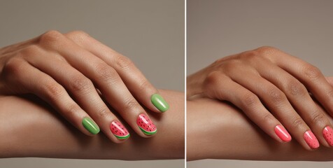 Colorful watermelon themed nail art design for summer fashion and beauty inspiration