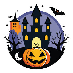 Haunted Halloween Scene with Bats, Pumpkin, and Spooky Mansion at Night