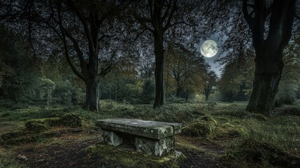 A serene night scene with a stone bench under tall trees and a glowing full moon in a quiet forest
