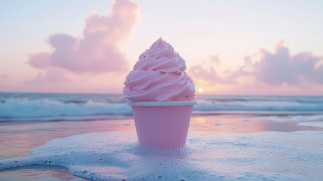 Sweet pink ice cream on the beach during a colorful sunset, waves rolling in gently. A refreshing treat by the sea.
