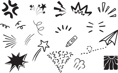 hand drawn doodle, comic elements, cartoon explosion, star burst doodle, highlight lines, comic action lines, swirl doodle, confetti doodle, sparkle stars, doodle arrows, sketch explosion, cartoon ang