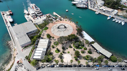 Aerial drone photo of beautiful round harbour and Marina of  Zea or Passalimani in the heart of Piraeus as seen from high altitude, Attica, Greece