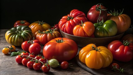 Still Life of Heirloom Tomatoes on Wood, rustic, darkmood
