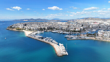 Aerial drone photo of beautiful round harbour and Marina of  Zea or Passalimani in the heart of Piraeus as seen from high altitude, Attica, Greece
