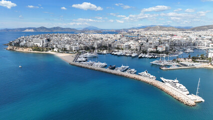 Aerial drone photo of beautiful round harbour and Marina of  Zea or Passalimani in the heart of Piraeus as seen from high altitude, Attica, Greece