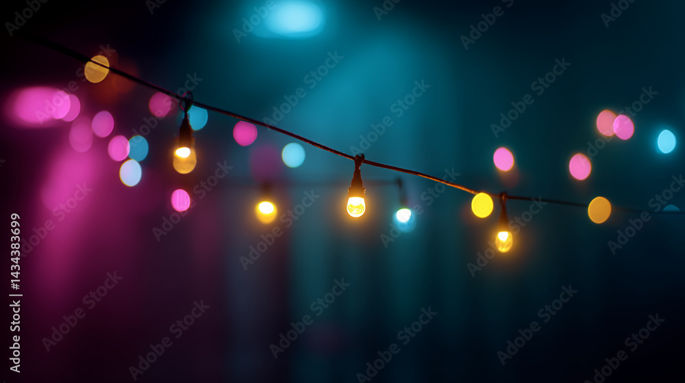 Aufkleber String of warm-toned lights against a blurred teal and magenta background, creating a festive and atmospheric ambiance, ideal for celebratory or event concepts