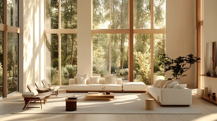 Fototapeta premium Sun-drenched modern living room with expansive views.