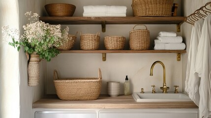A close-up shot of the laundry room, showcasing floating shelves with wicker baskets and white towels on top