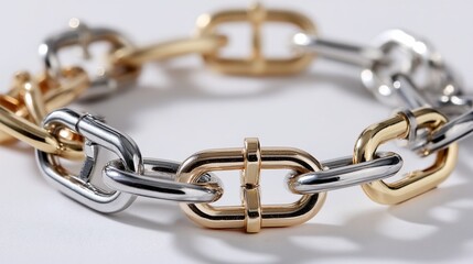 Obraz premium Gold and silver chain bracelet on a white background with a simple pattern