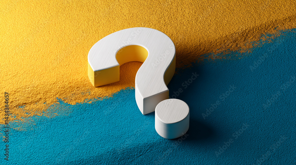 Poster white question mark on yellow and blue textured background, symbolizing inquiry, uncertainty, or a n