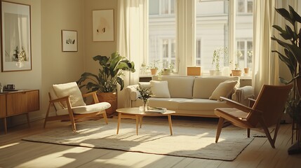 Sunlight streams into a cozy, Scandinavian-style living room.