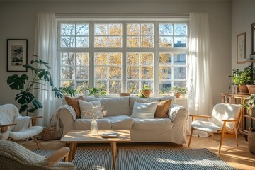 Sunlight streams into a cozy living room filled with plants and comfortable furnishings.
