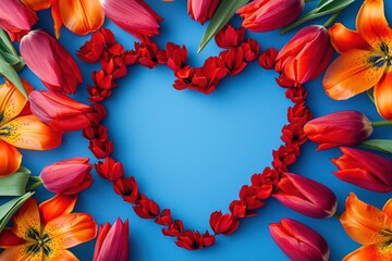 Minimalistic heart-shaped frame made of radiant red tulips and bright orange lilies, isolated on a solid royal blue background