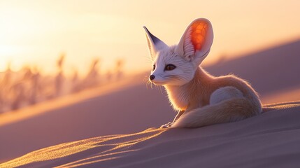 A cute fennec fox resting on the sandy dunes at sunset, showcasing its large ears and soft fur in warm golden tones.