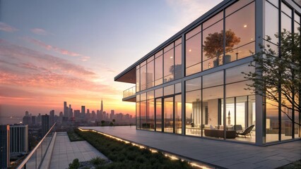 Obraz premium Sunset Cityscape Penthouse Glass Architecture, Rooftop Terrace, Urban View