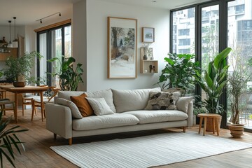 Fototapeta premium Modern, light-filled living room with plants and neutral tones.