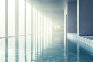 Modern indoor swimming pool with large windows allowing sunlight