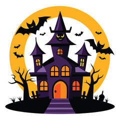 Haunted Halloween Scene with Bats, Pumpkin, and Spooky Mansion at Night