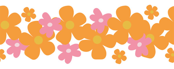 A border of cute spring elements. Vector flat illustration. Hand drawn beautiful flowers, floral decor, blooming garden, leaves and herbs.