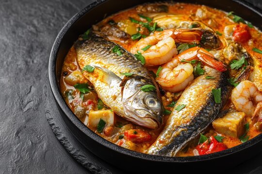 Fish and shrimp moqueca in a black bowl on a dark slate table Brazilian curry with coconut milk and veggies viewed from above