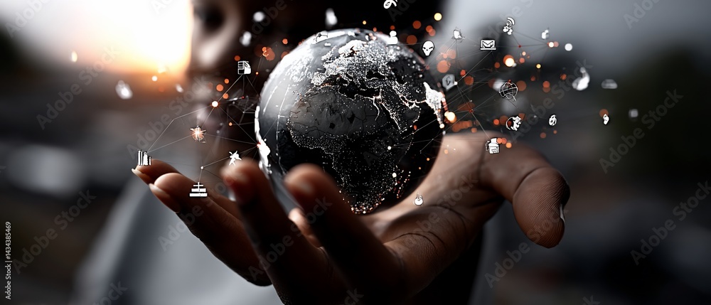 Poster hand holding a glowing globe with digital connections, representing global data and networking