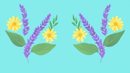 Fototapeta premium Minimalistic icons featuring lavender sprigs, bright yellow daisies, and subtle green leaves, arranged symmetrically on a radiant aqua background for sleek web designs.