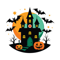 Haunted Halloween Scene with Bats, Pumpkin, and Spooky Mansion at Night