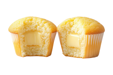 Two halves of a vanilla cupcake with creamy filling shown in cross-section, isolated on white transparent background, dessert concept