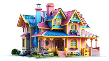 Vibrant multicolored house in pink, yellow, and blue with whimsical details and playful design image
